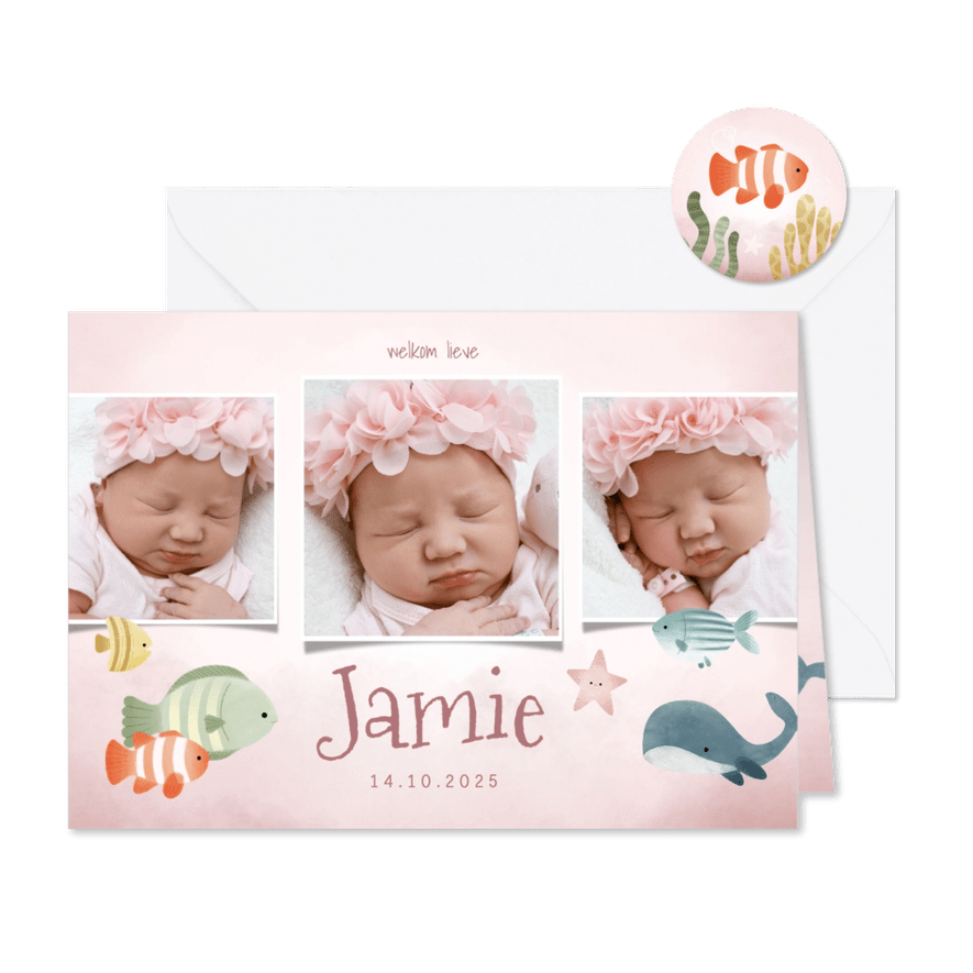 Geboortekaartje oceaan fotocollage meisje, vissen en walvis - Kaartimpressie
