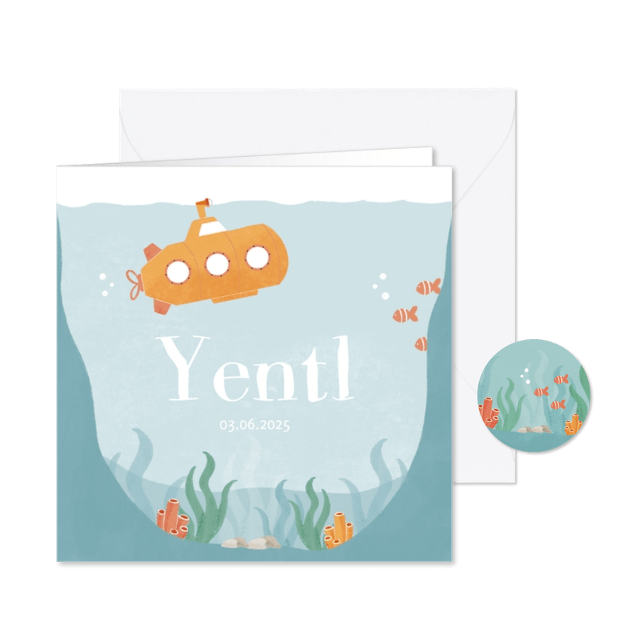 Geboortekaartje oceaan met onderzeeër en koraal - Kaartimpressie