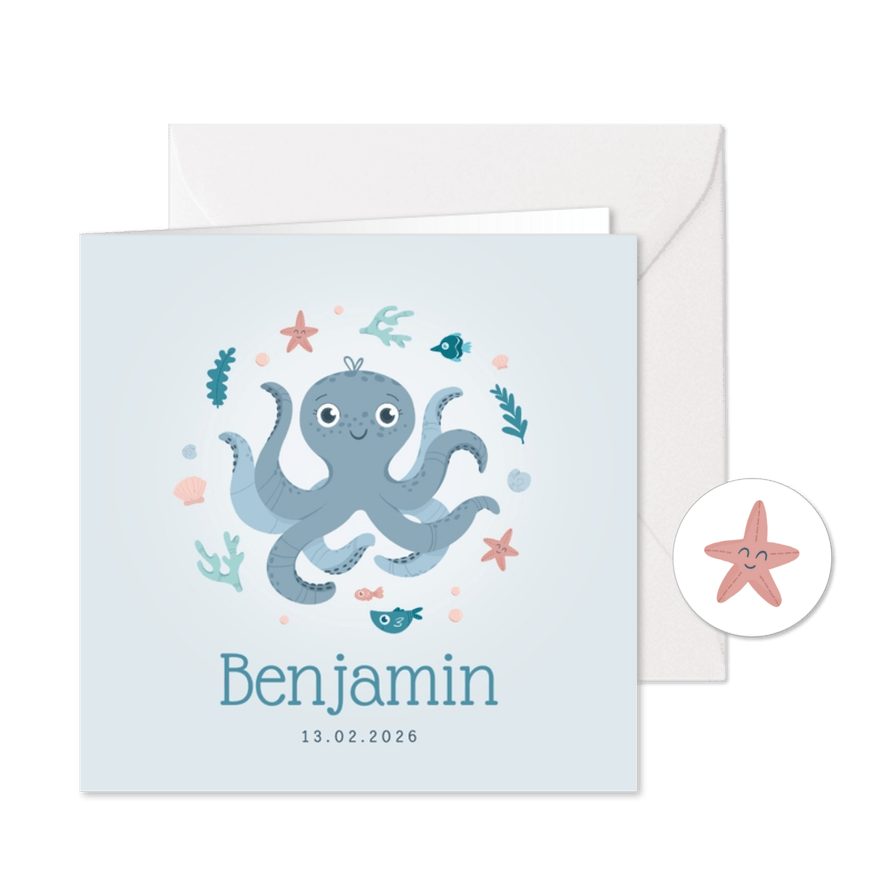 Geboortekaartje octopus oceaan jongen zeester - Kaartimpressie