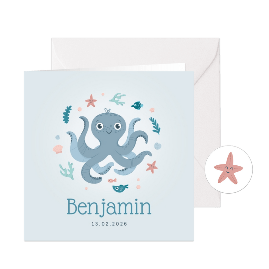 Geboortekaartje octopus oceaan jongen zeester - Kaartimpressie