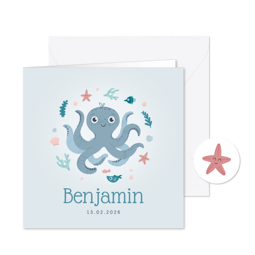 Geboortekaartje octopus oceaan jongen zeester - Kaartimpressie