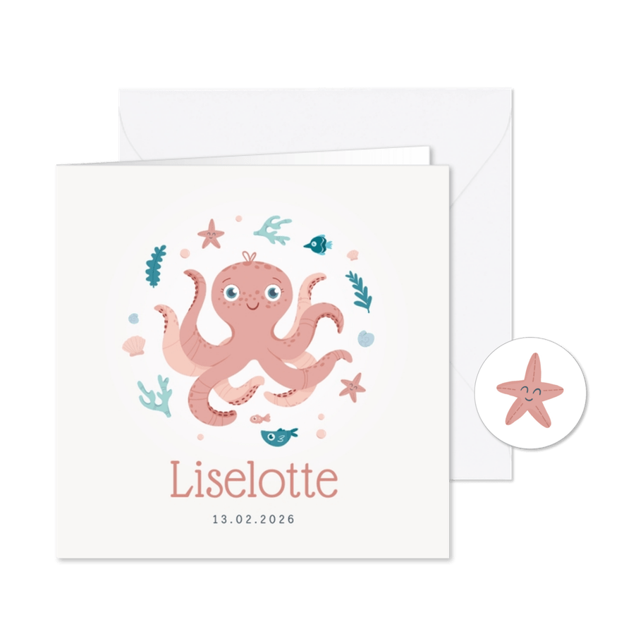 Geboortekaartje octopus oceaan meisje zeester - Kaartimpressie