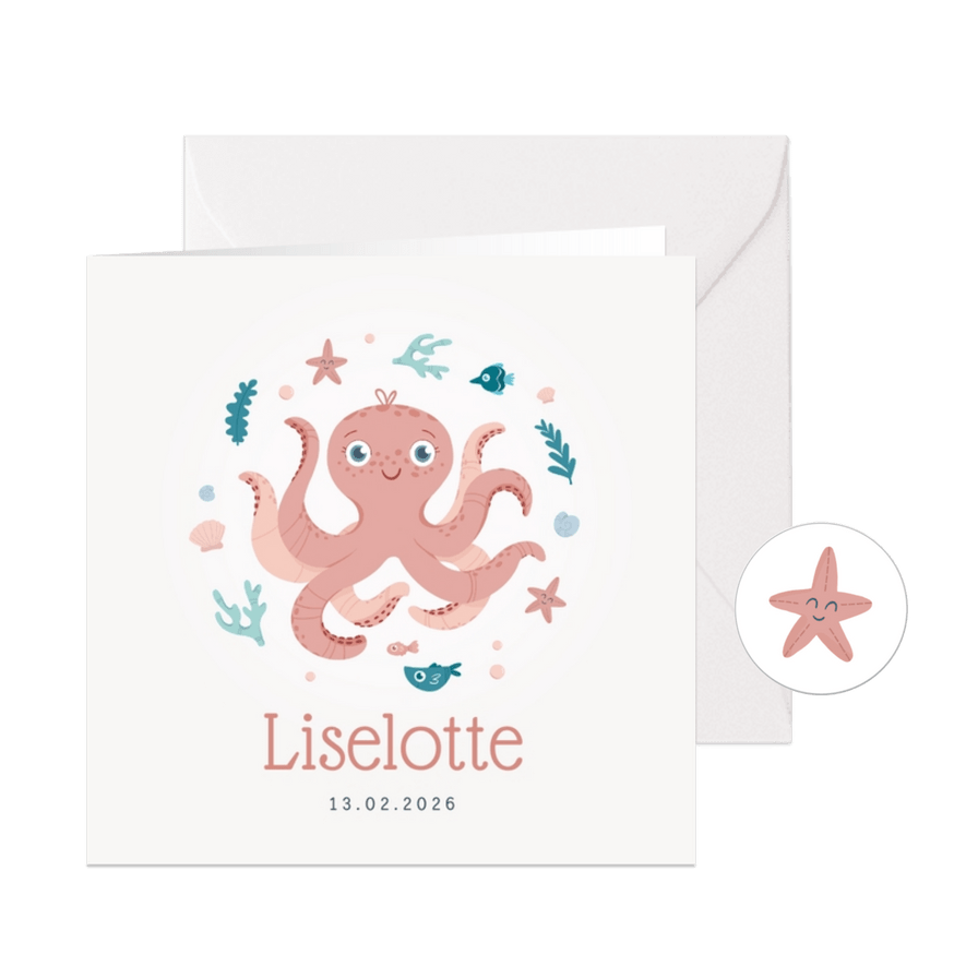 Geboortekaartje octopus oceaan meisje zeester - Kaartimpressie