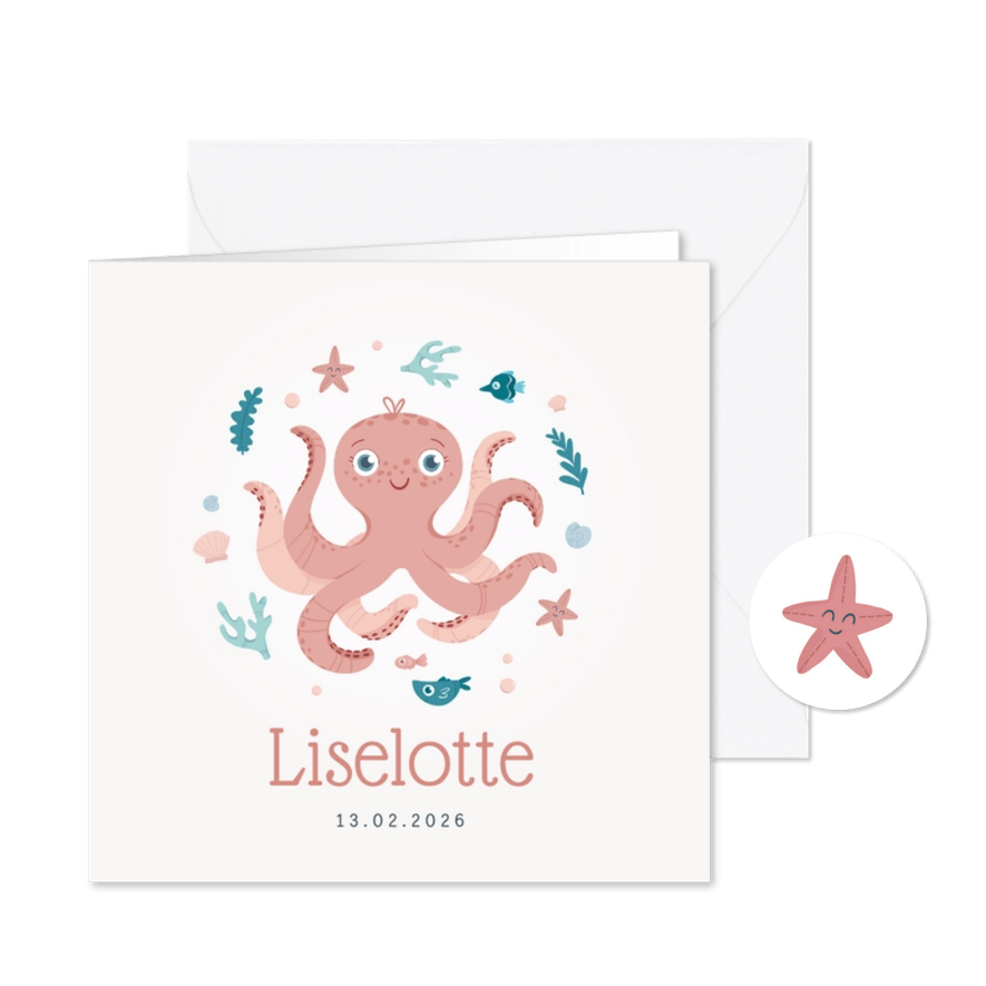 Geboortekaartje octopus oceaan meisje zeester - Kaartimpressie