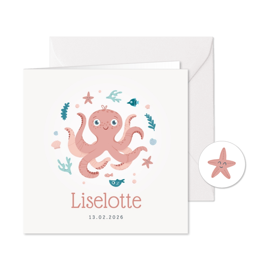 Geboortekaartje octopus oceaan meisje zeester - Kaartimpressie