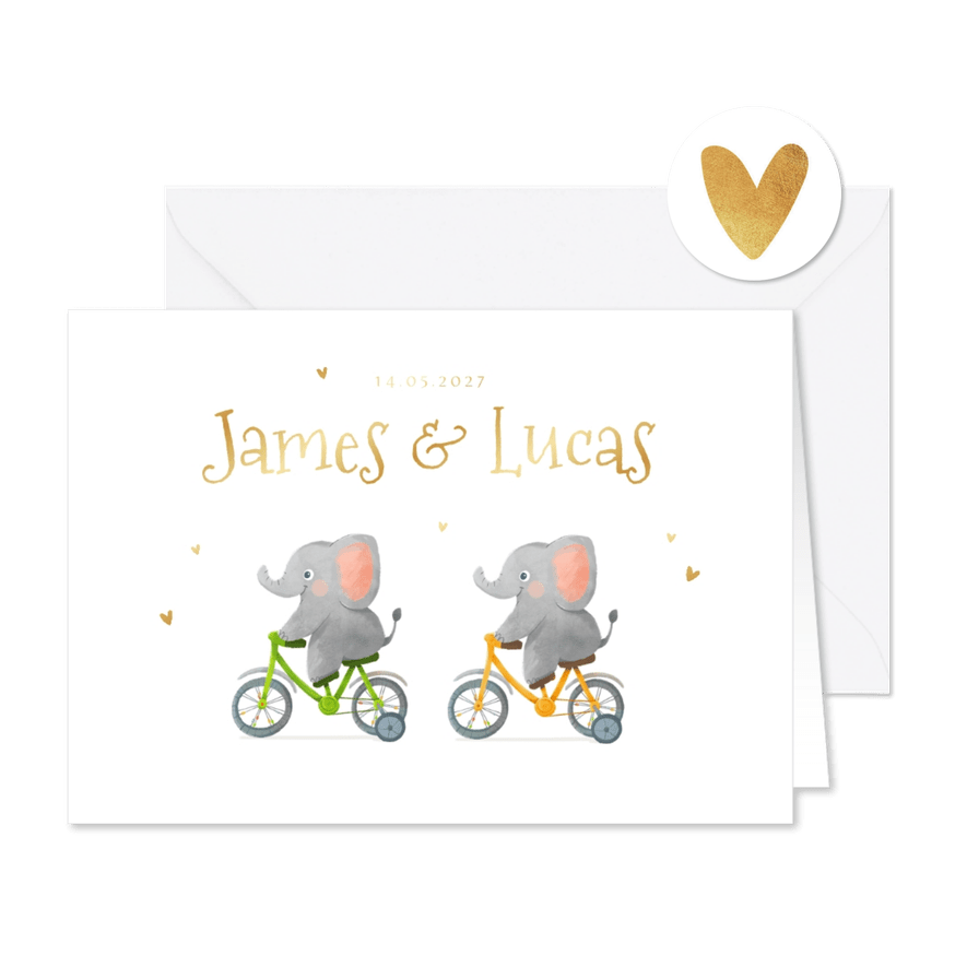 Geboortekaartje olifant goud tweeling - Kaartimpressie