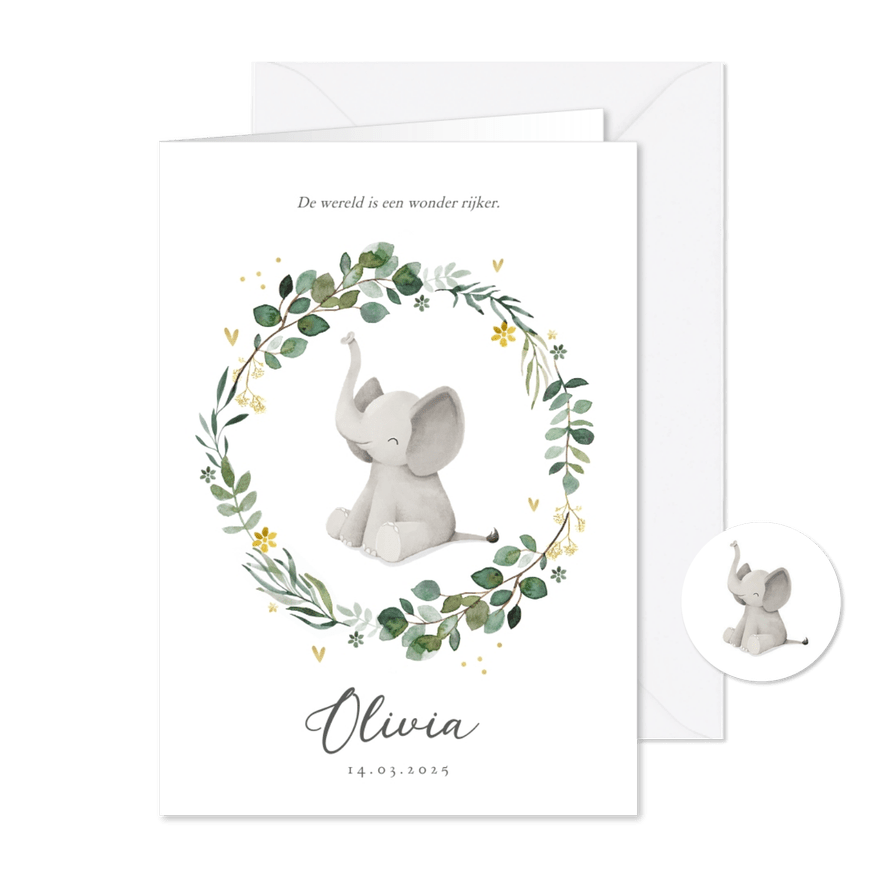 Geboortekaartje olifant hartjes goud bloemen - Kaartimpressie