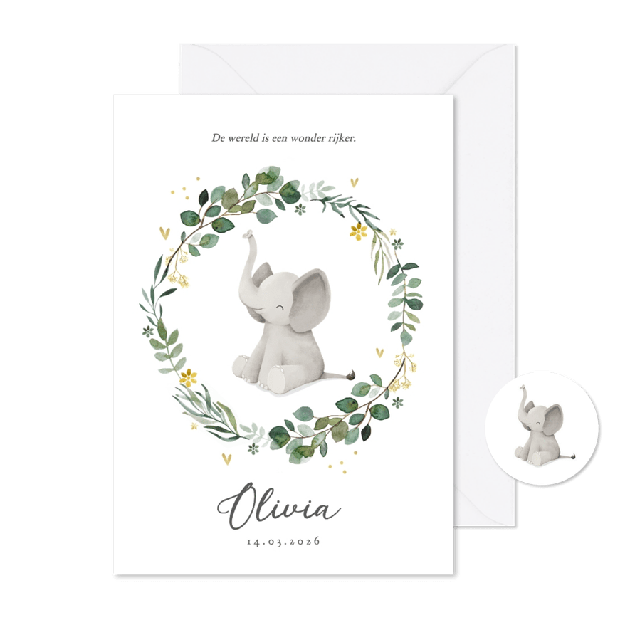 Geboortekaartje olifant hartjes goud bloemen - Kaartimpressie