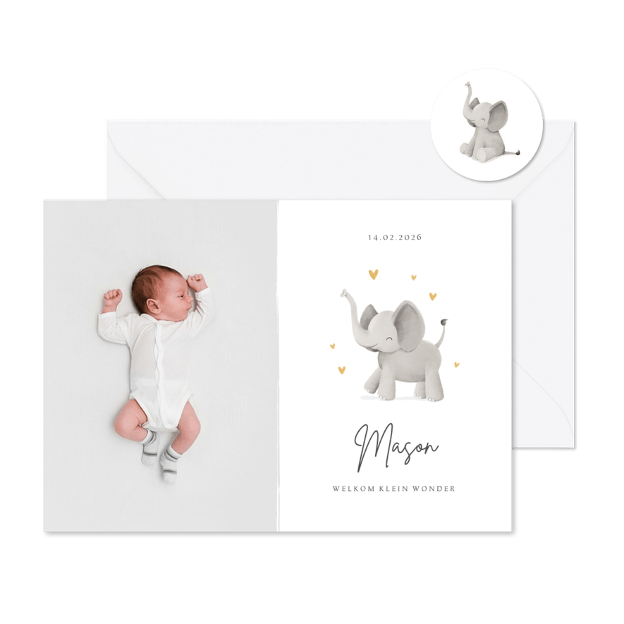 Geboortekaartje olifant hartjes stijlvol lief goud foto - Kaartimpressie