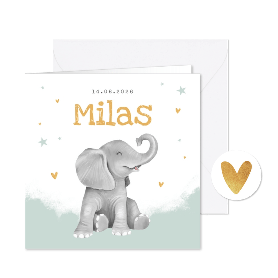 Geboortekaartje olifant jongen hartjes goud waterverf - Kaartimpressie