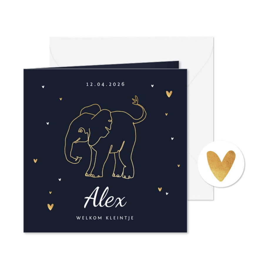 Geboortekaartje olifant jongen stijlvol goud lijntekening - Kaartimpressie
