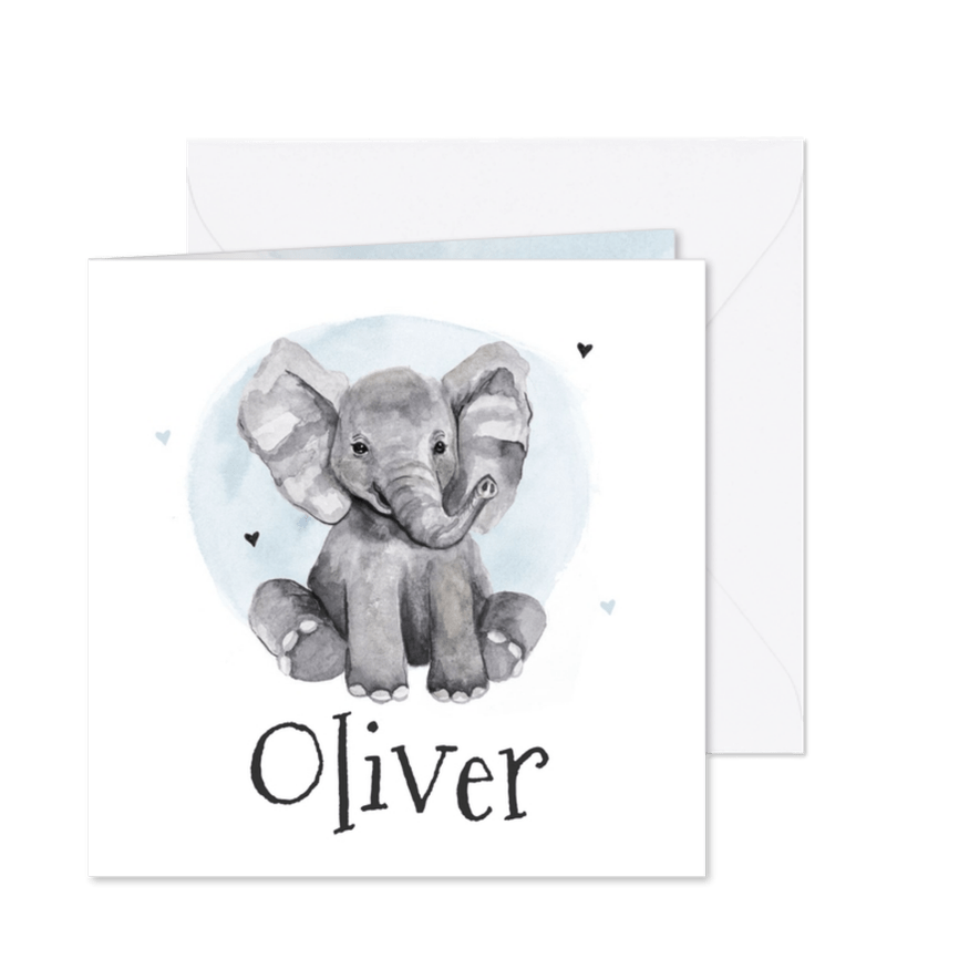 Geboortekaartje olifant jongen waterverf hartjes - Kaartimpressie