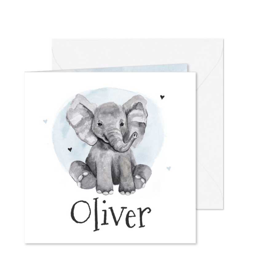 Geboortekaartje olifant jongen waterverf hartjes - Kaartimpressie