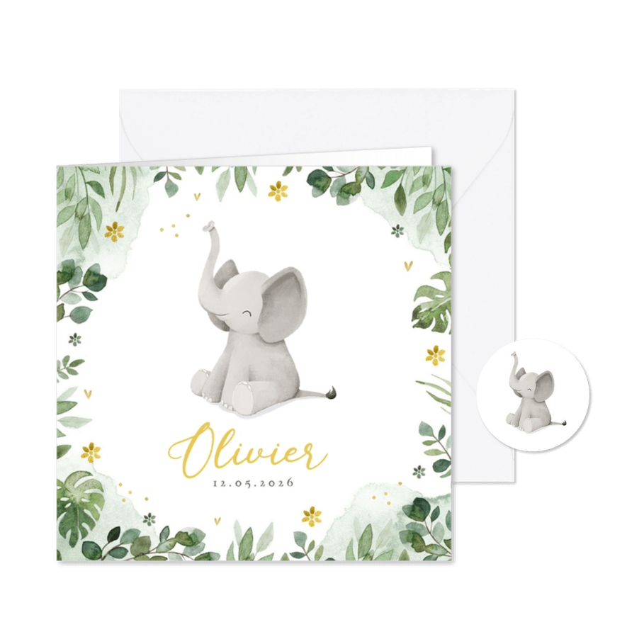 Geboortekaartje olifant jungle bloemen waterverf hartjes - Kaartimpressie