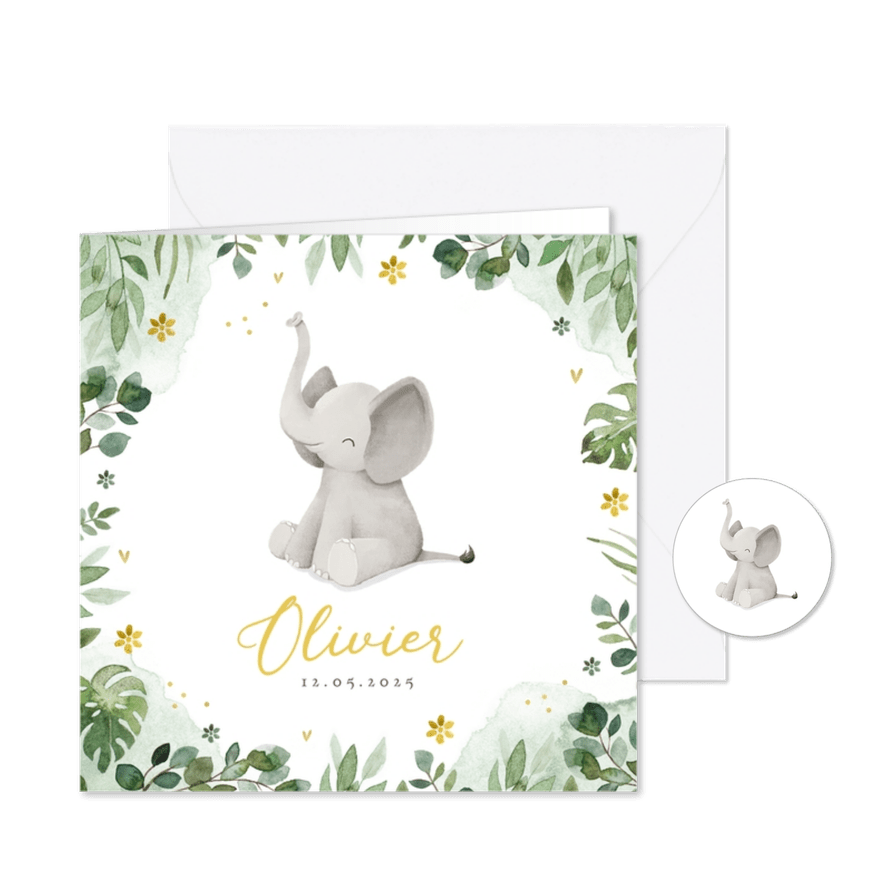 Geboortekaartje olifant jungle bloemen waterverf hartjes - Kaartimpressie