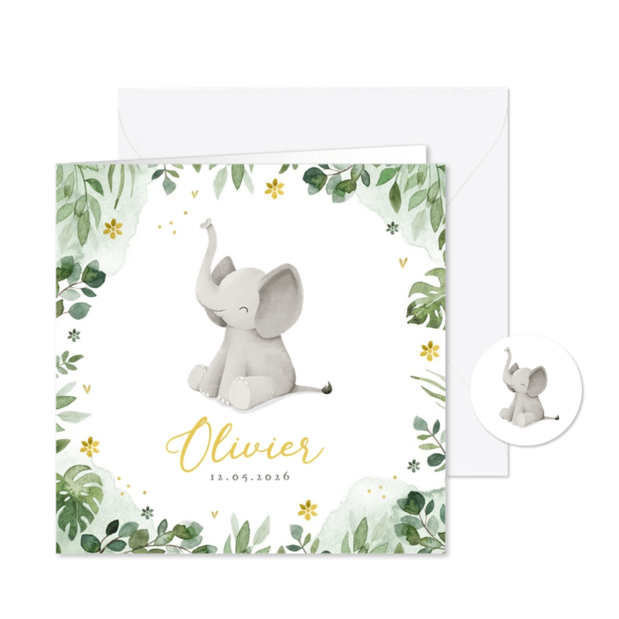 Geboortekaartje olifant jungle bloemen waterverf hartjes - Kaartimpressie