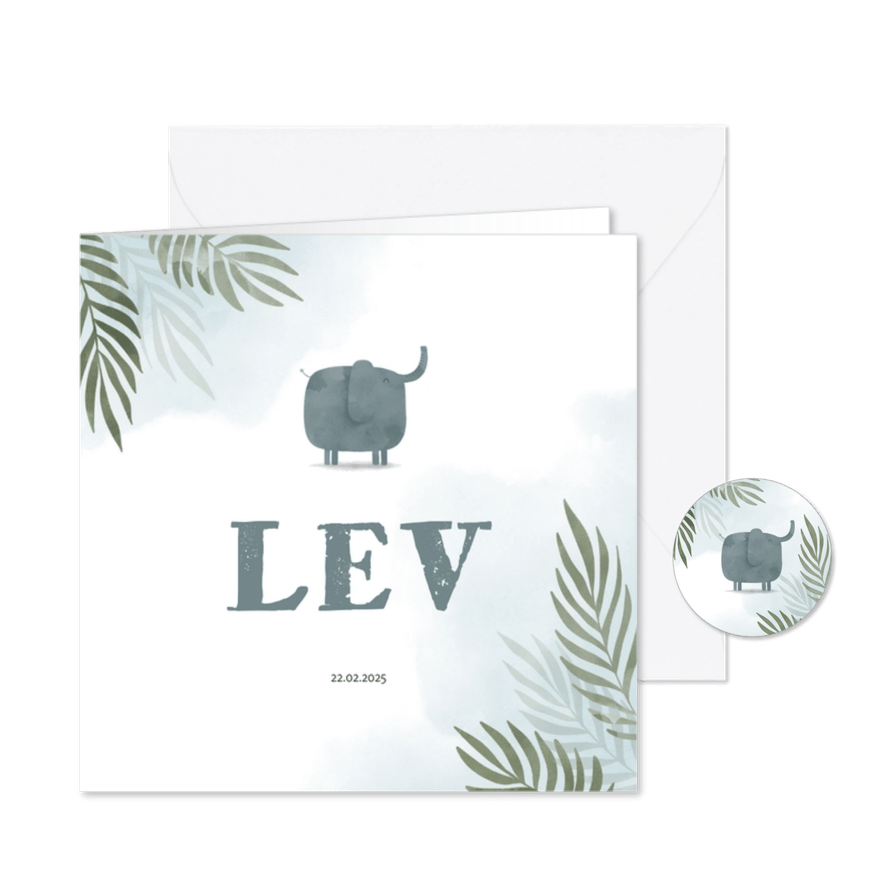 Geboortekaartje olifant jungle met waterverf - Kaartimpressie