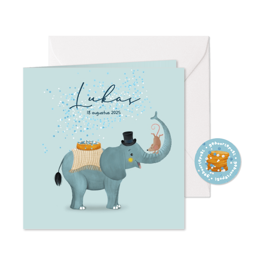 Geboortekaartje olifant met beschuit met muisjes - Kaartimpressie