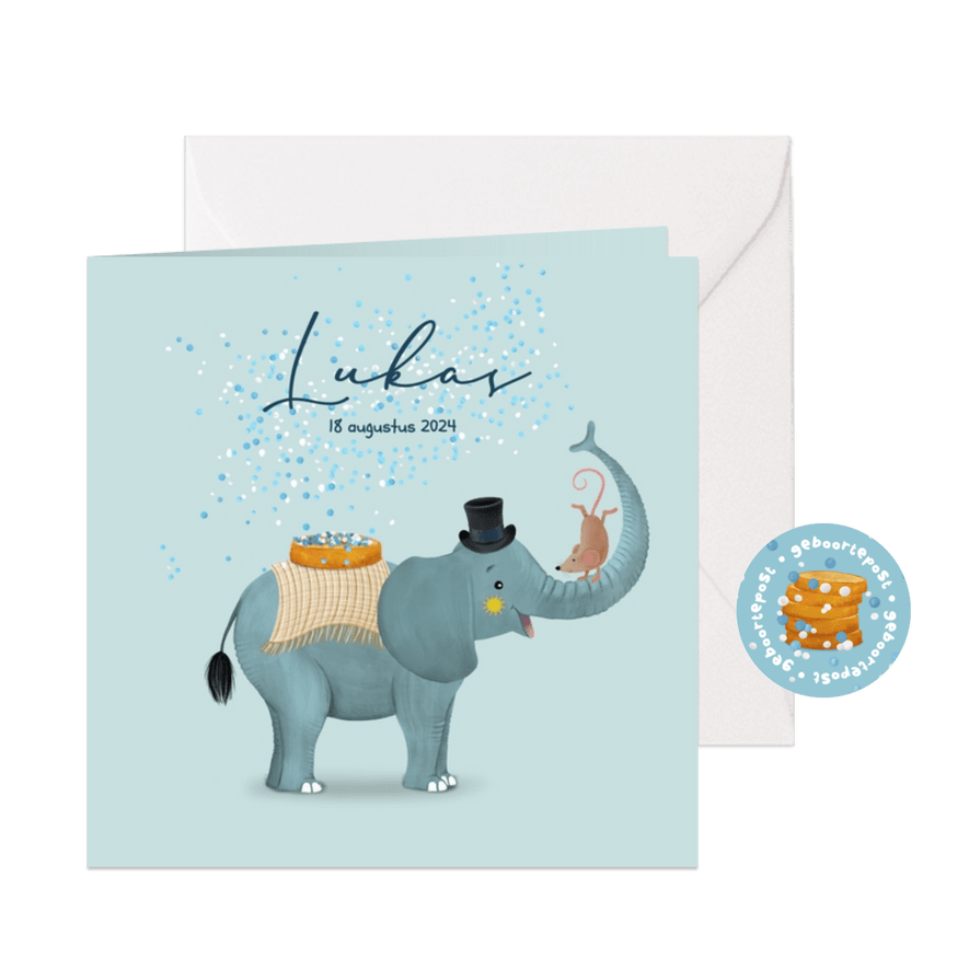 Geboortekaartje olifant met beschuit met muisjes - Kaartimpressie