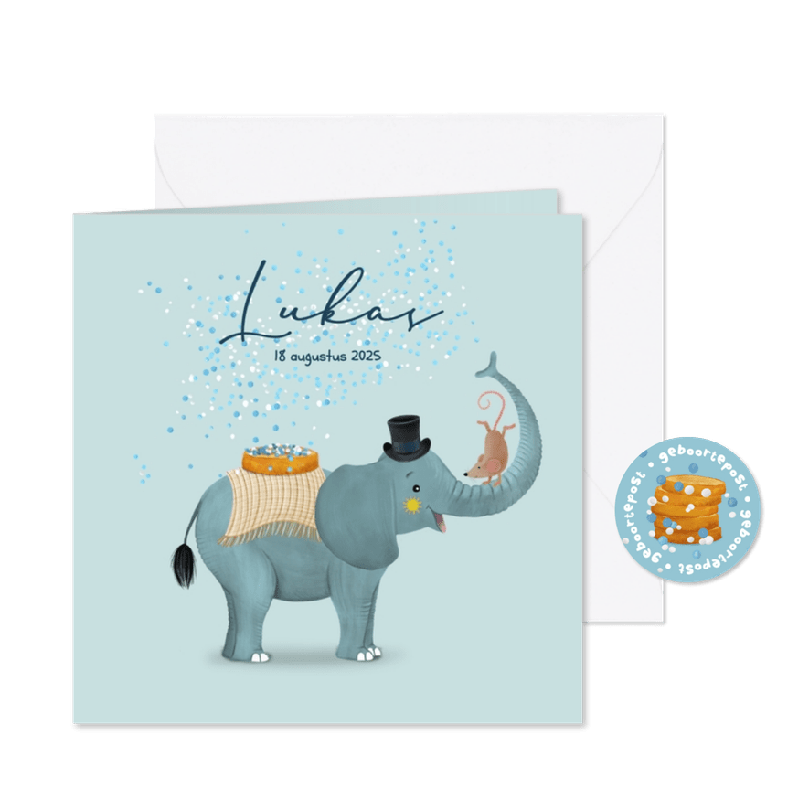 Geboortekaartje olifant met beschuit met muisjes - Kaartimpressie