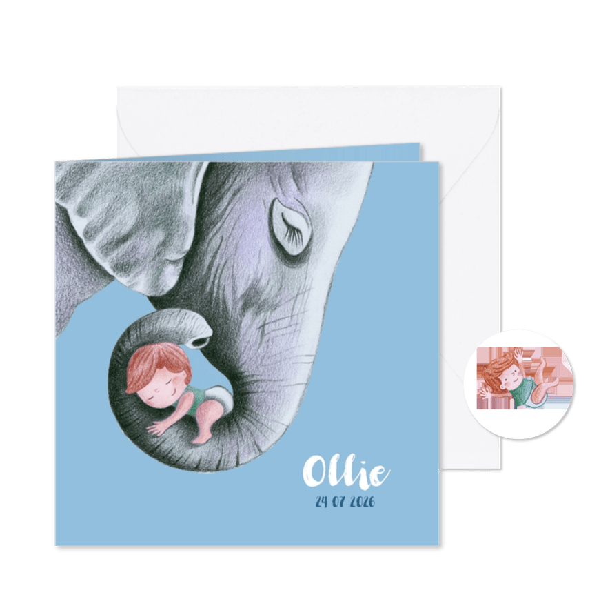 Geboortekaartje olifant met jongetje - Kaartimpressie