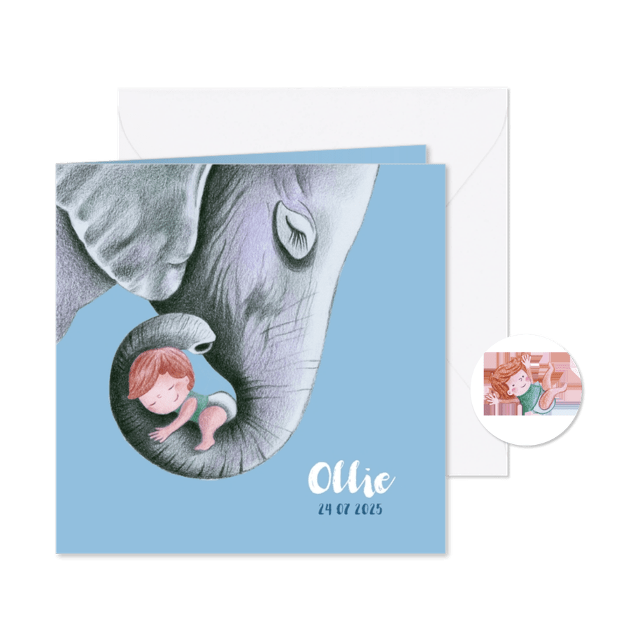 Geboortekaartje olifant met jongetje - Kaartimpressie