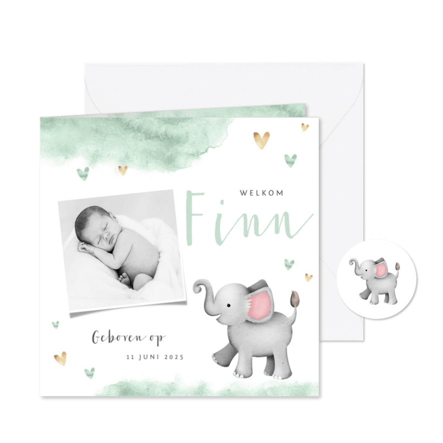 Geboortekaartje olifant mint waterverf hartjes foto - Kaartimpressie
