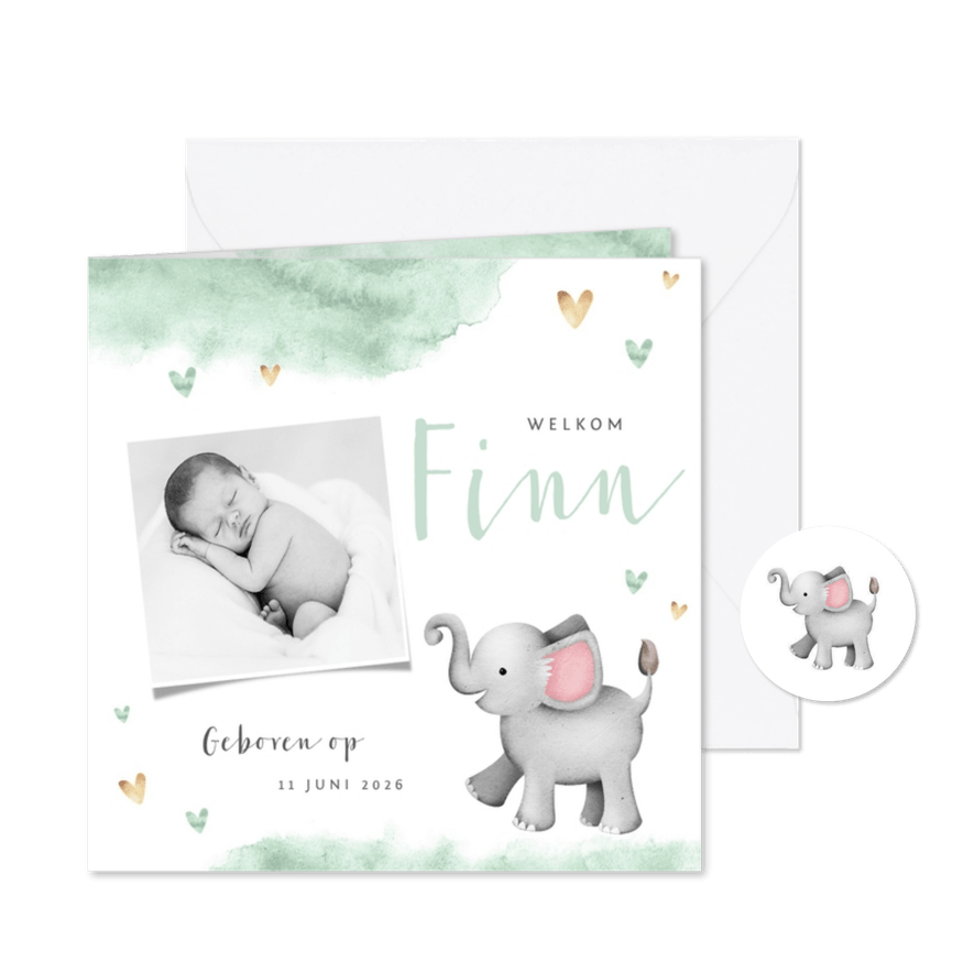 Geboortekaartje olifant mint waterverf hartjes foto - Kaartimpressie