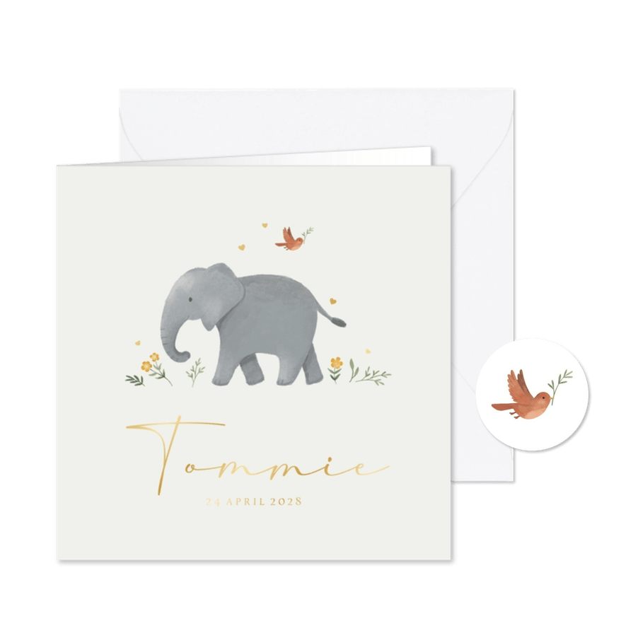 Geboortekaartje olifant schattig lief dieren goud hartjes - Kaartimpressie