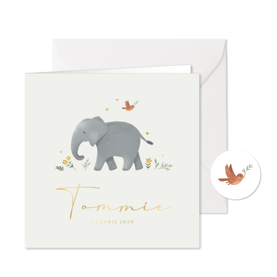 Geboortekaartje olifant schattig lief dieren goud hartjes - Kaartimpressie