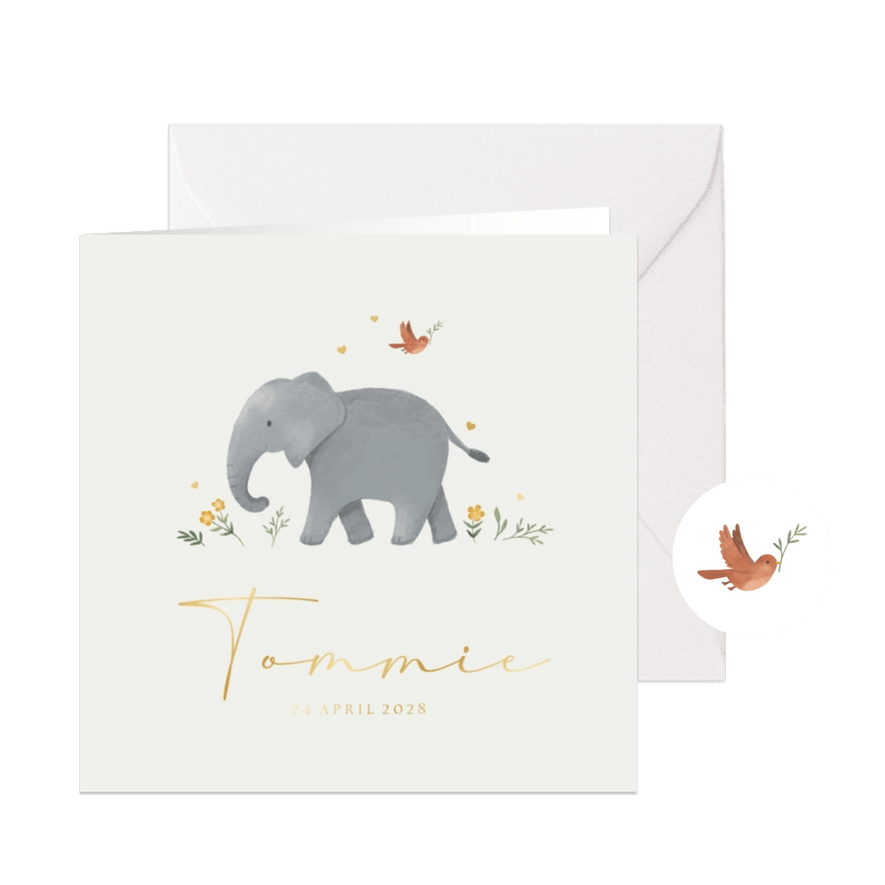 Geboortekaartje olifant schattig lief dieren goud hartjes - Kaartimpressie