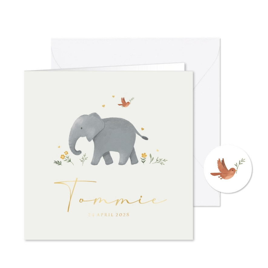 Geboortekaartje olifant schattig lief dieren goud hartjes - Kaartimpressie