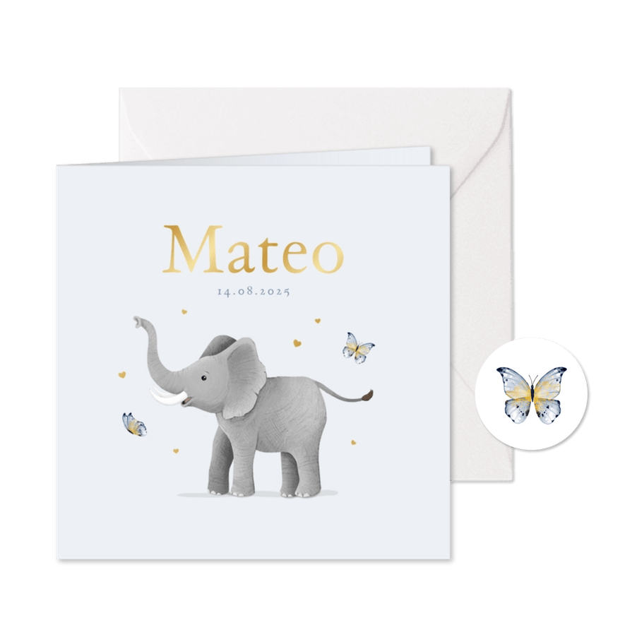 Geboortekaartje olifant vlinders hartjes goud illustratie - Kaartimpressie