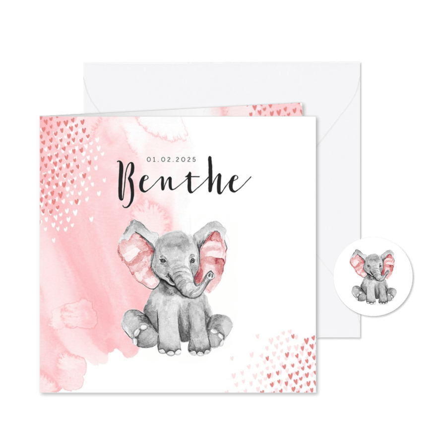 Geboortekaartje olifant waterverf hartjes roze meisje - Kaartimpressie