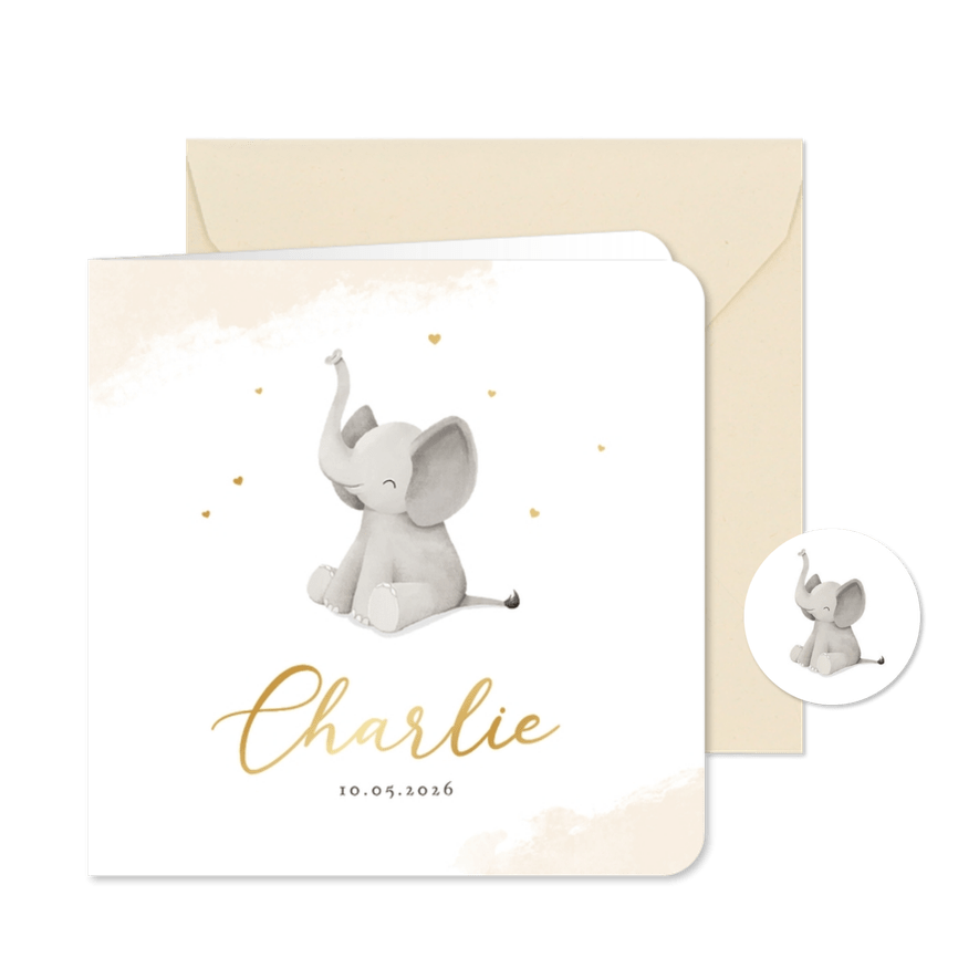 Geboortekaartje olifantje hartjes lief waterverf dieren - Kaartimpressie