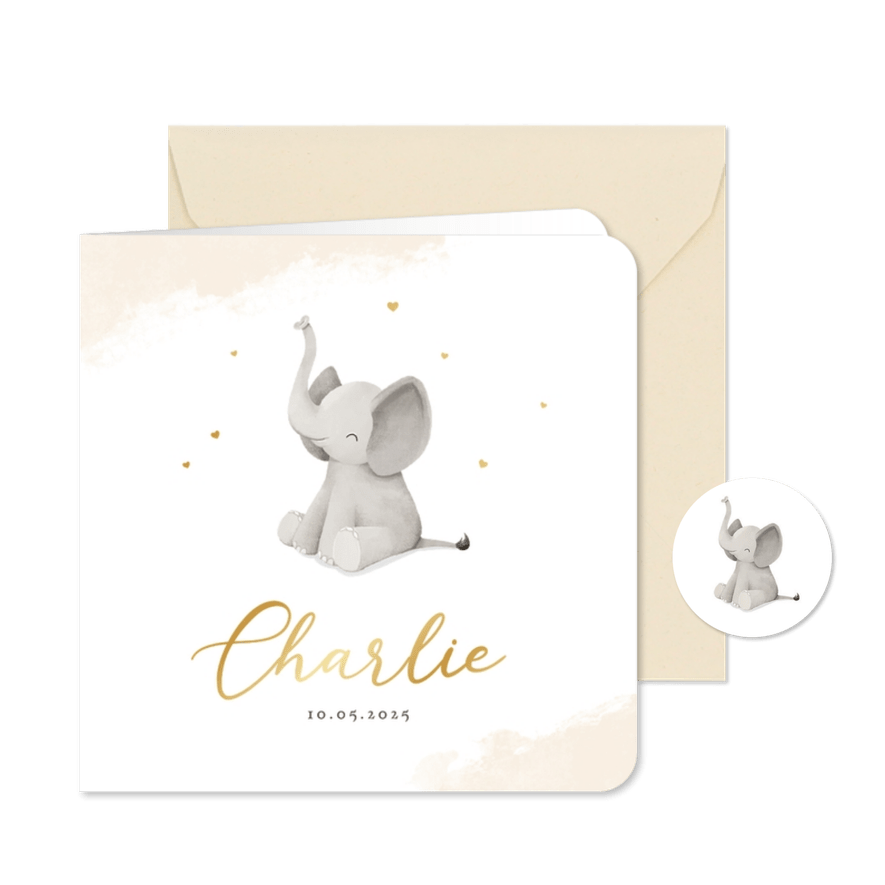 Geboortekaartje olifantje hartjes lief waterverf dieren - Kaartimpressie