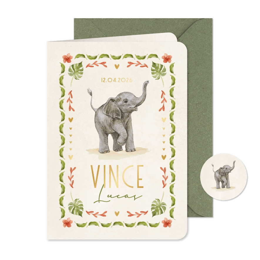 Geboortekaartje olifantje jungle kleurrijk vrolijk kader - Kaartimpressie