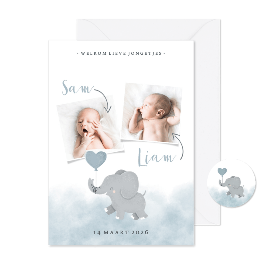 Geboortekaartje olifantje tweeling met en waterverf - Kaartimpressie