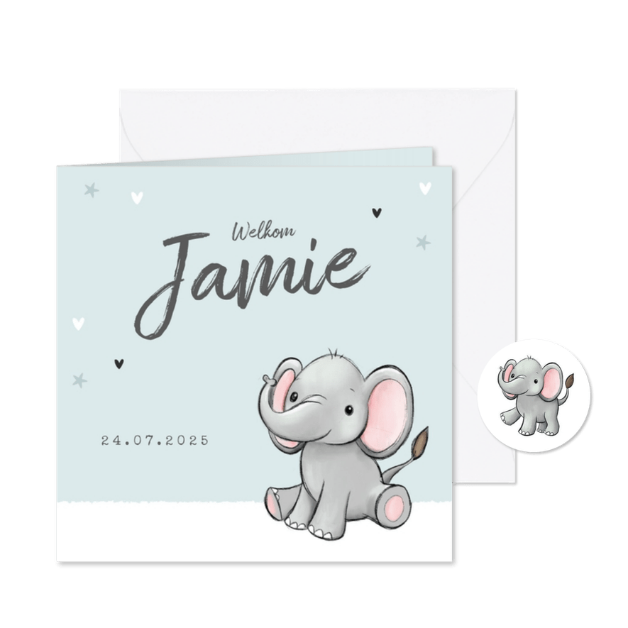 geboortekaartje olifantje unisex hartjes sterretjes - Kaartimpressie