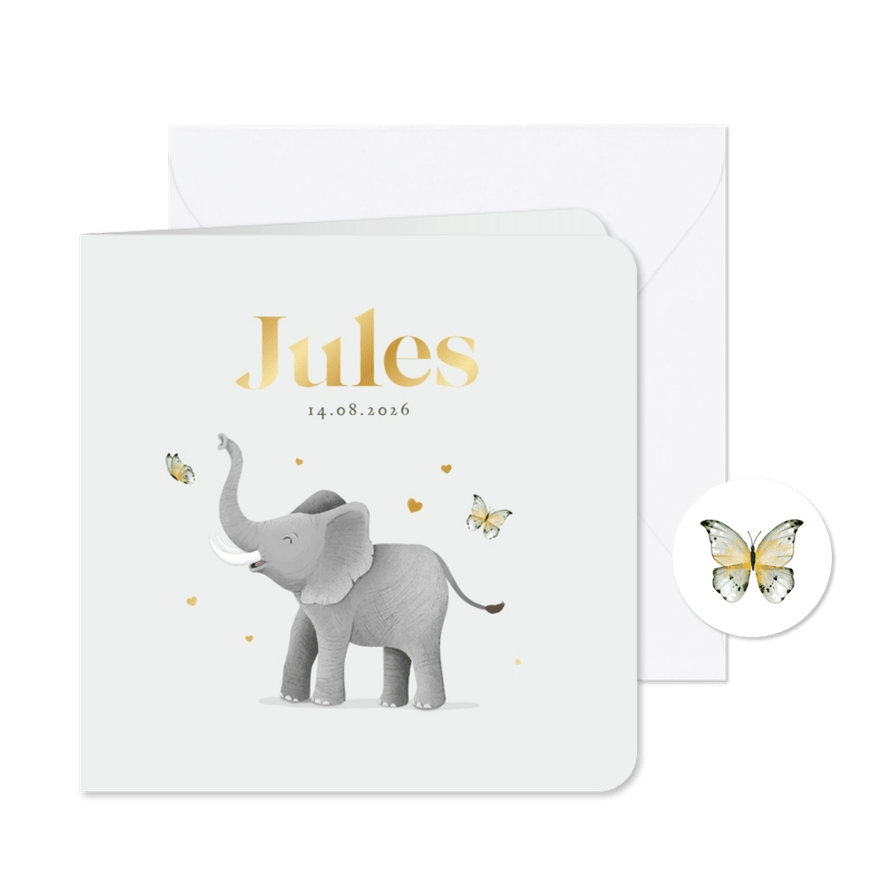 Geboortekaartje olifantje vlinders hartjes goud illustratie - Kaartimpressie