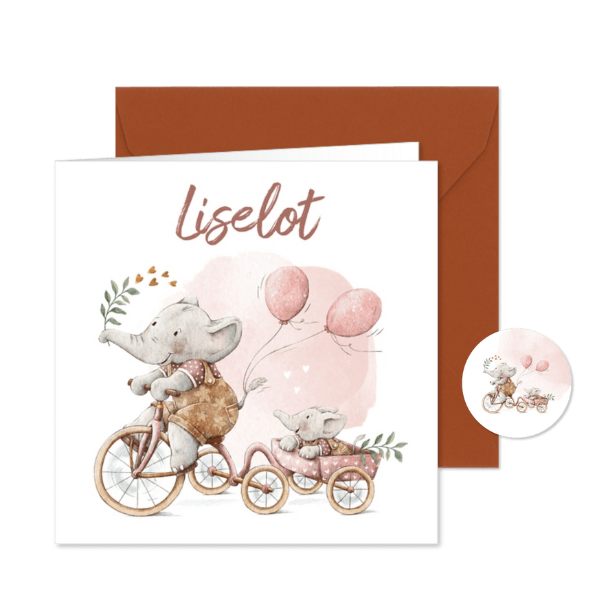 Geboortekaartje olifantjes op de fiets zusje - Kaartimpressie