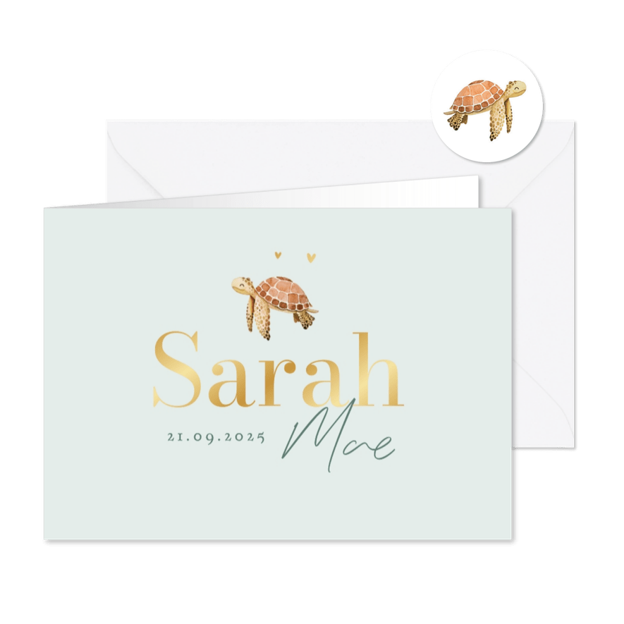 Geboortekaartje onderwater schildpad strand zee goud - Kaartimpressie