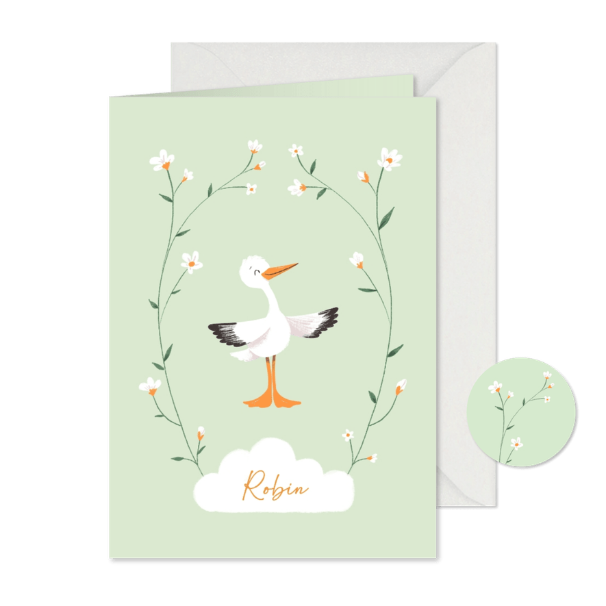 Geboortekaartje ooievaar met bloemenrand - Kaartimpressie