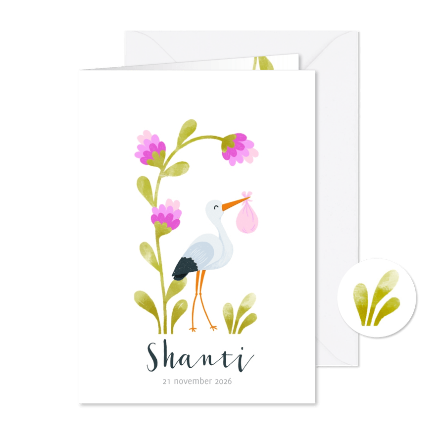 Geboortekaartje ooievaar roze bloemen - Kaartimpressie