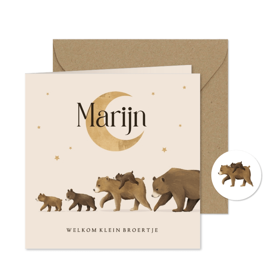 Geboortekaartje origineel beren maan sterren derde kind - Kaartimpressie