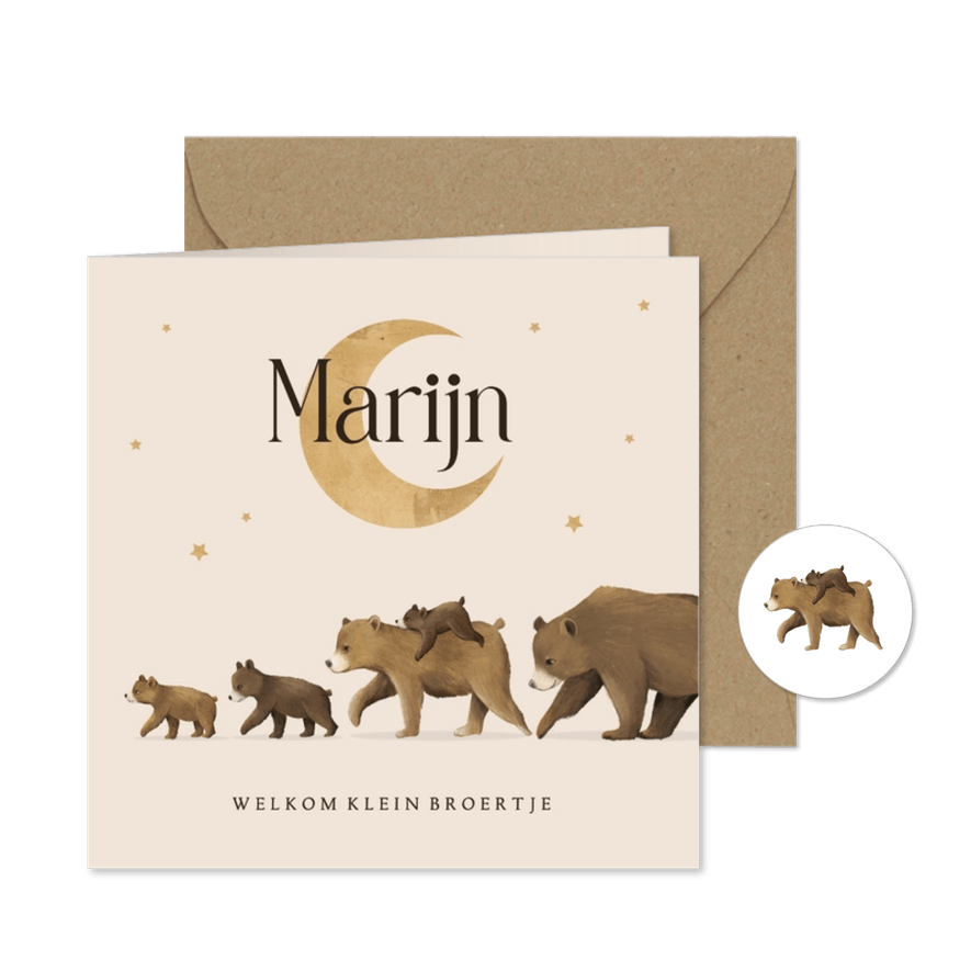 Geboortekaartje origineel beren maan sterren derde kind - Kaartimpressie