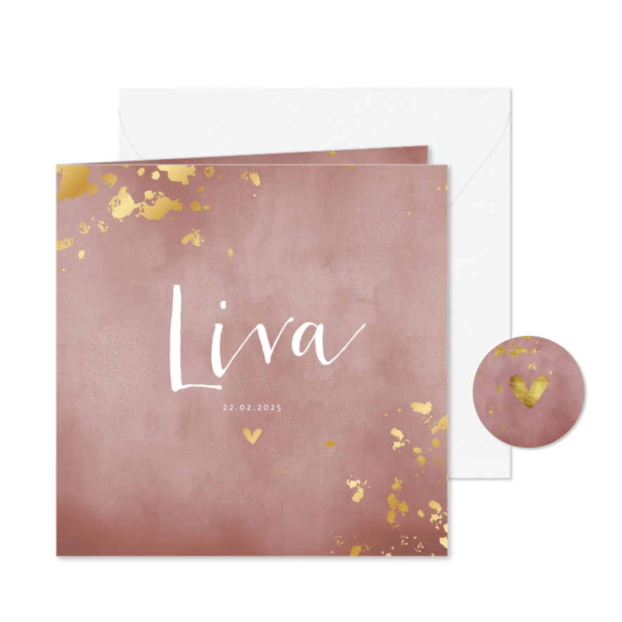 Geboortekaartje oud roze waterverf gouden spetters - Kaartimpressie