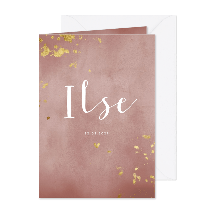 Geboortekaartje oud roze waterverf met gouden spetters - Kaartimpressie