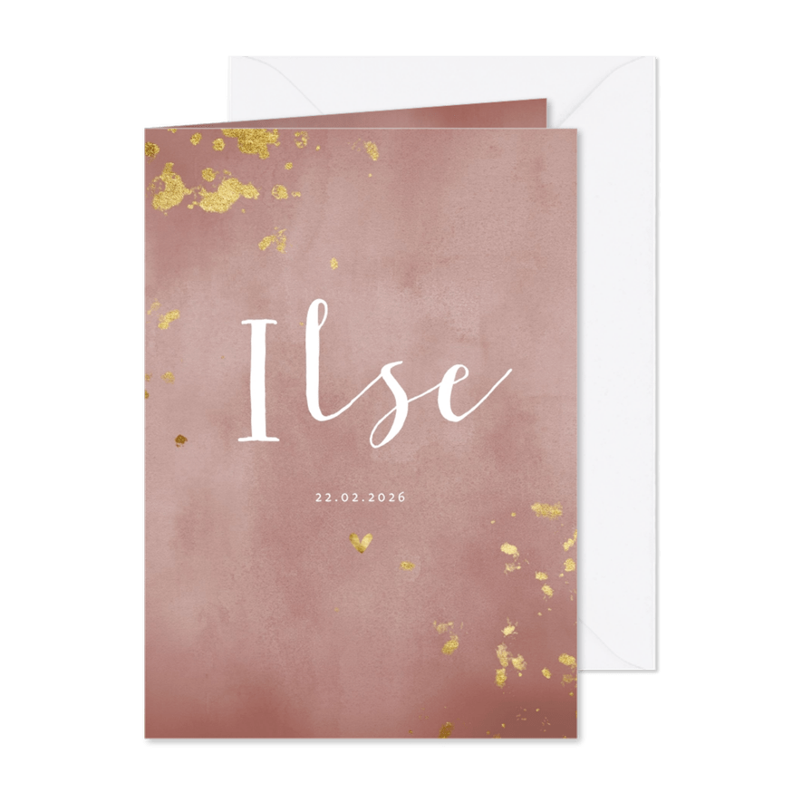 Geboortekaartje oud roze waterverf met gouden spetters - Kaartimpressie