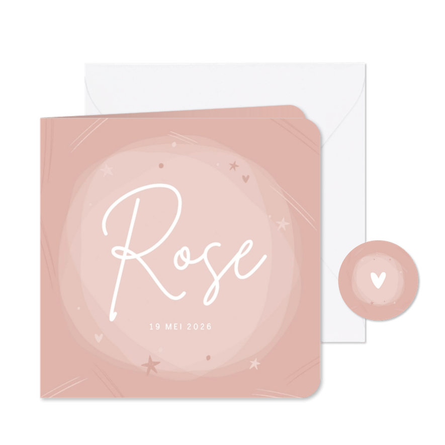 Geboortekaartje oudroze cirkel waterverf sterretjes hartje - Kaartimpressie